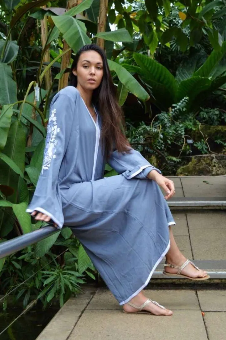 Grey Floral Moroccan Embroidery Resort Holiday Lounge Kaftan Caftan- Rose