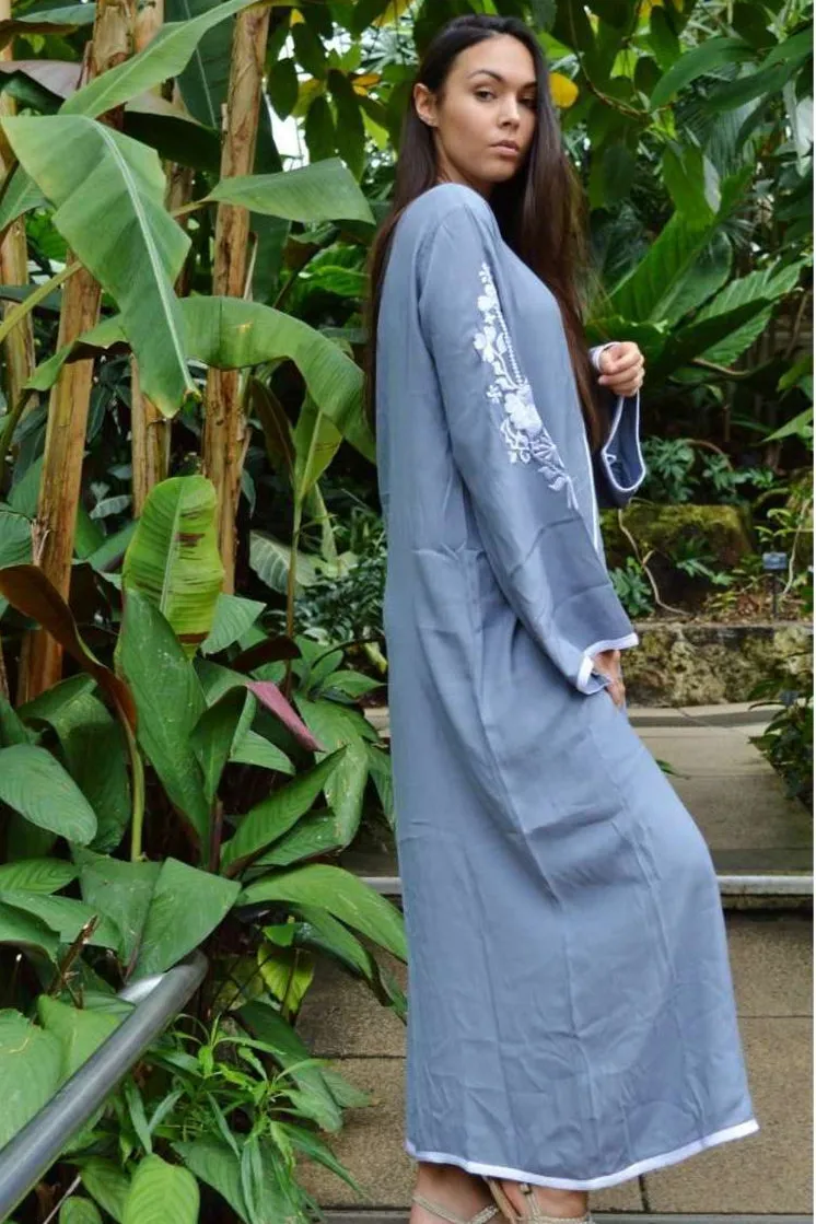 Grey Floral Moroccan Embroidery Resort Holiday Lounge Kaftan Caftan- Rose
