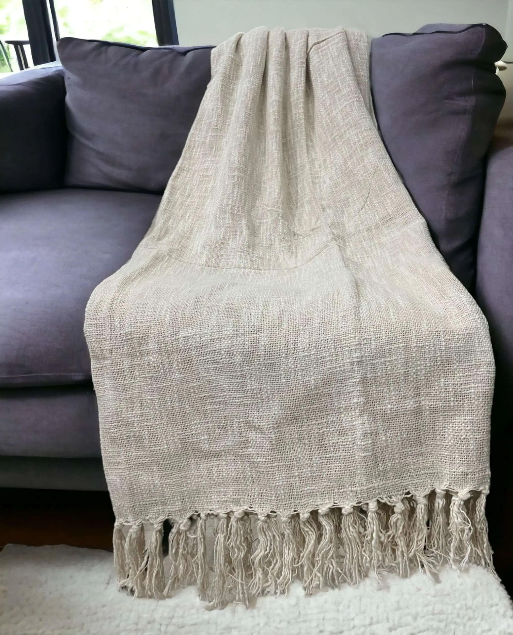 Hand-Loomed Cotton Sofa Throw Size  72 x 52 Inches 100%Cotton Throw Blanket with Tassels Bohemian Style Home Décor