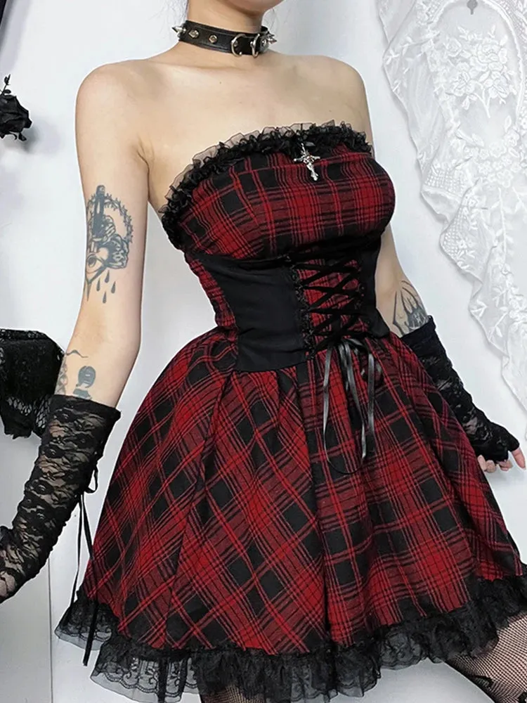 InsGoth Gothic Contrast Strapless Tube Top Bodycon Vintage Lace Up Sleeveless Lace Trim A Line Gothic Dress
