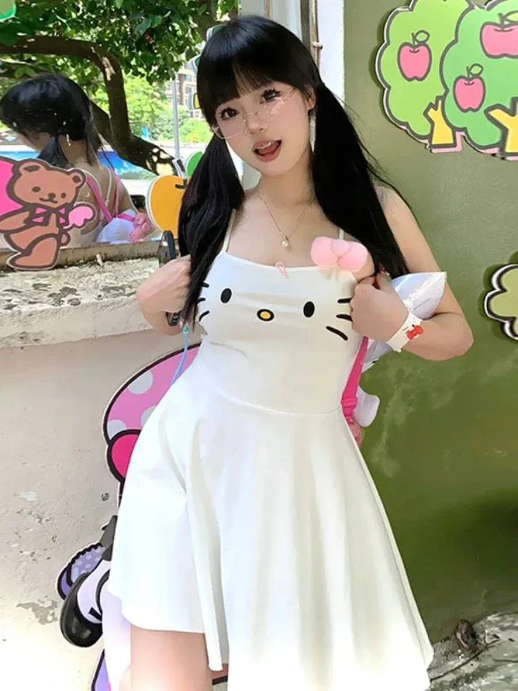 Julia Fashion - Kawaii White Cat Face Embroidery Cute Spaghetti Strap Mini Dress