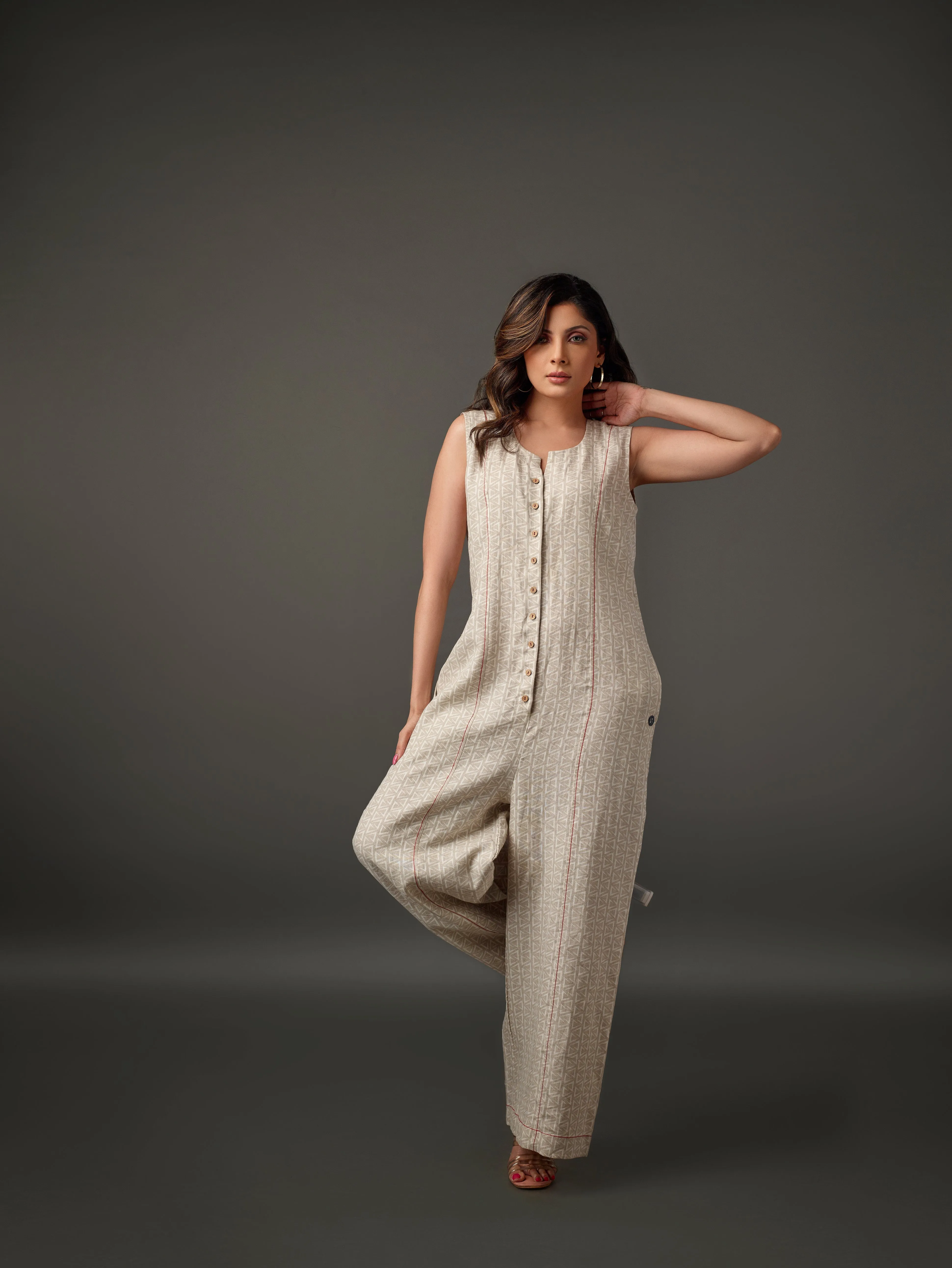 Linen Printed Sleeveless Jumpsuit