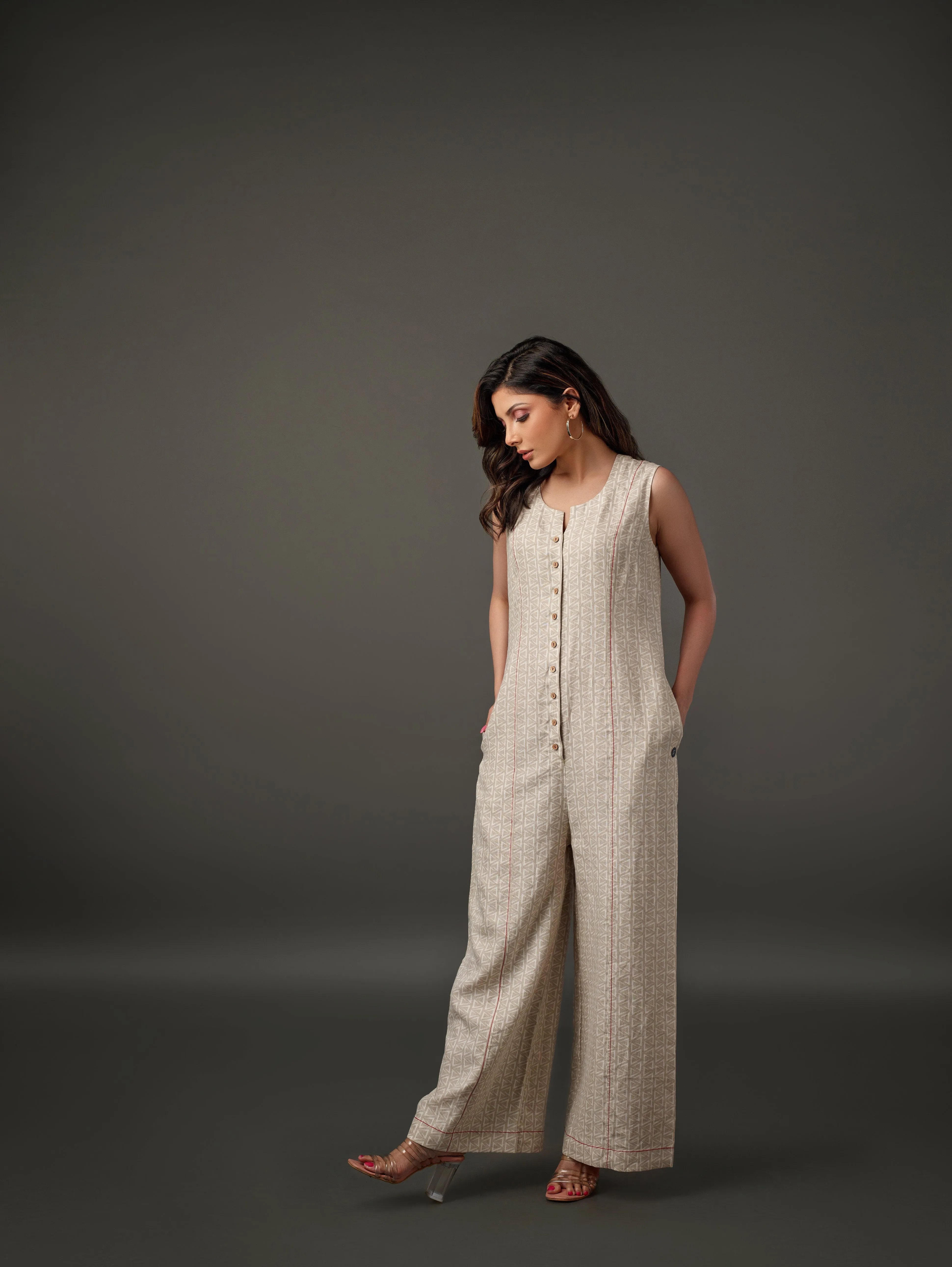 Linen Printed Sleeveless Jumpsuit