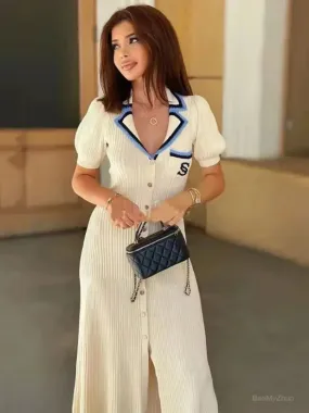 LVSANW 2024 Summer Elegant Slim Knitted Long Dress Women's Letter Single Breasted Long Sleeved Designer Vintage Dresses White Autumn