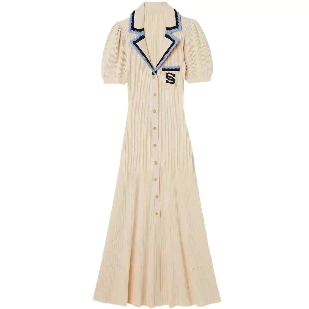LVSANW 2024 Summer Elegant Slim Knitted Long Dress Women's Letter Single Breasted Long Sleeved Designer Vintage Dresses White Autumn