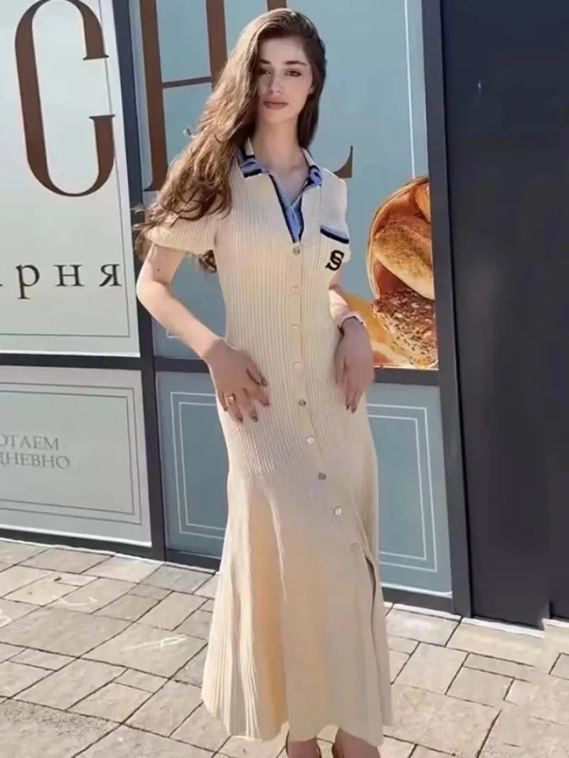 LVSANW 2024 Summer Elegant Slim Knitted Long Dress Women's Letter Single Breasted Long Sleeved Designer Vintage Dresses White Autumn