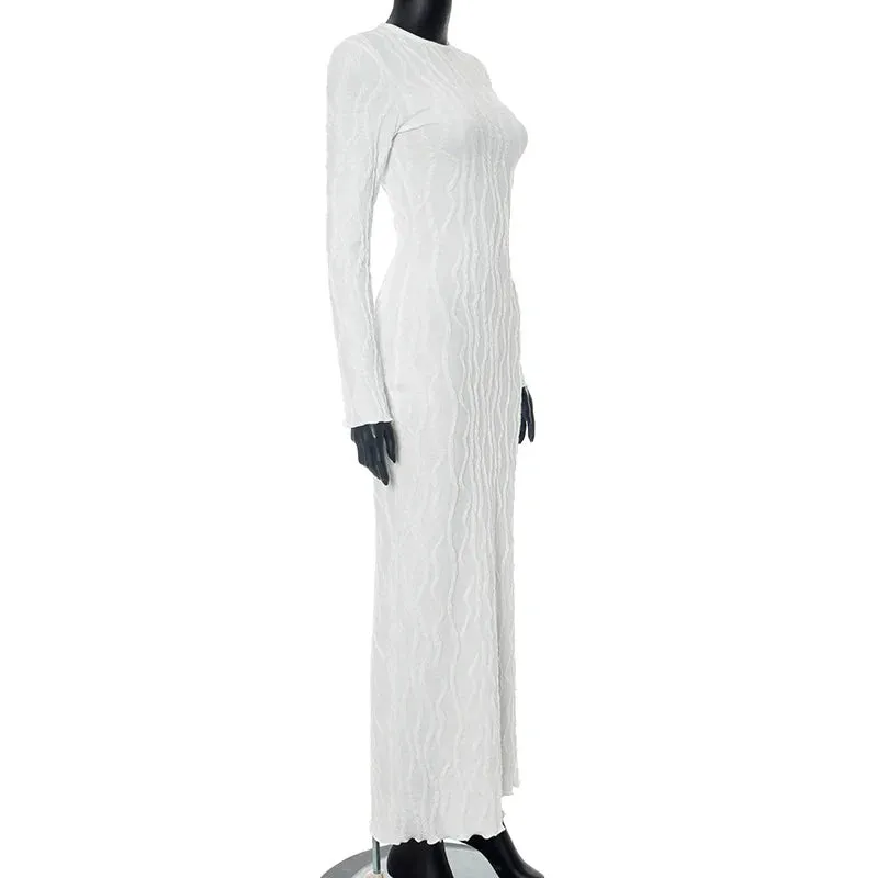 LVSANW BUILDINGB Women White Elegant Knit Dress Casual Slim Bottom Shirt Full Sleeve Textured Long Autumn Street Dress