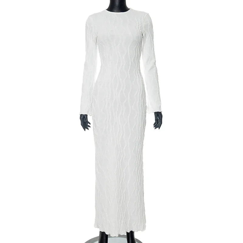 LVSANW BUILDINGB Women White Elegant Knit Dress Casual Slim Bottom Shirt Full Sleeve Textured Long Autumn Street Dress