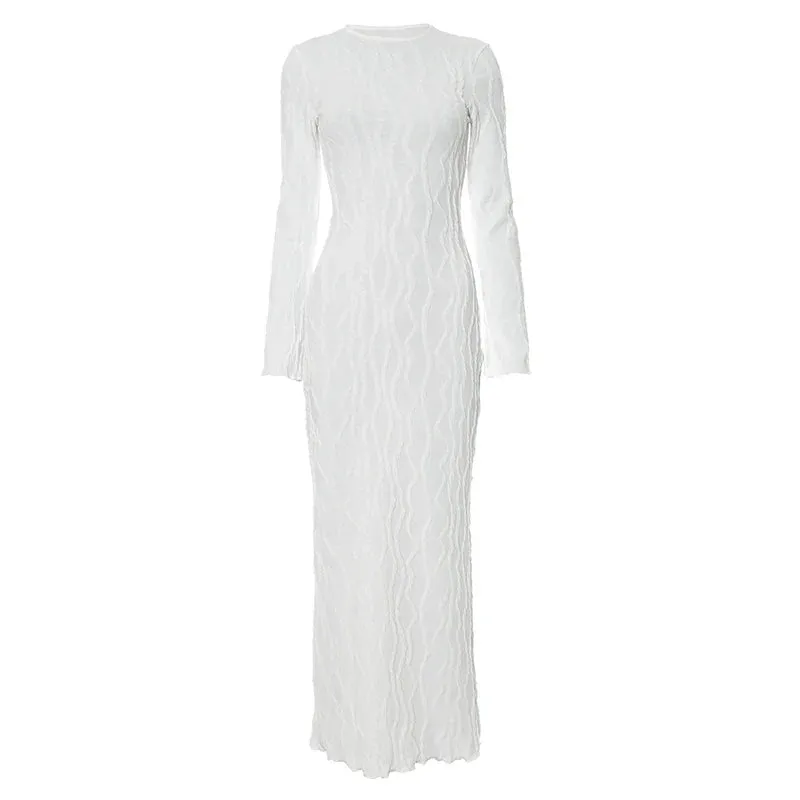 LVSANW BUILDINGB Women White Elegant Knit Dress Casual Slim Bottom Shirt Full Sleeve Textured Long Autumn Street Dress