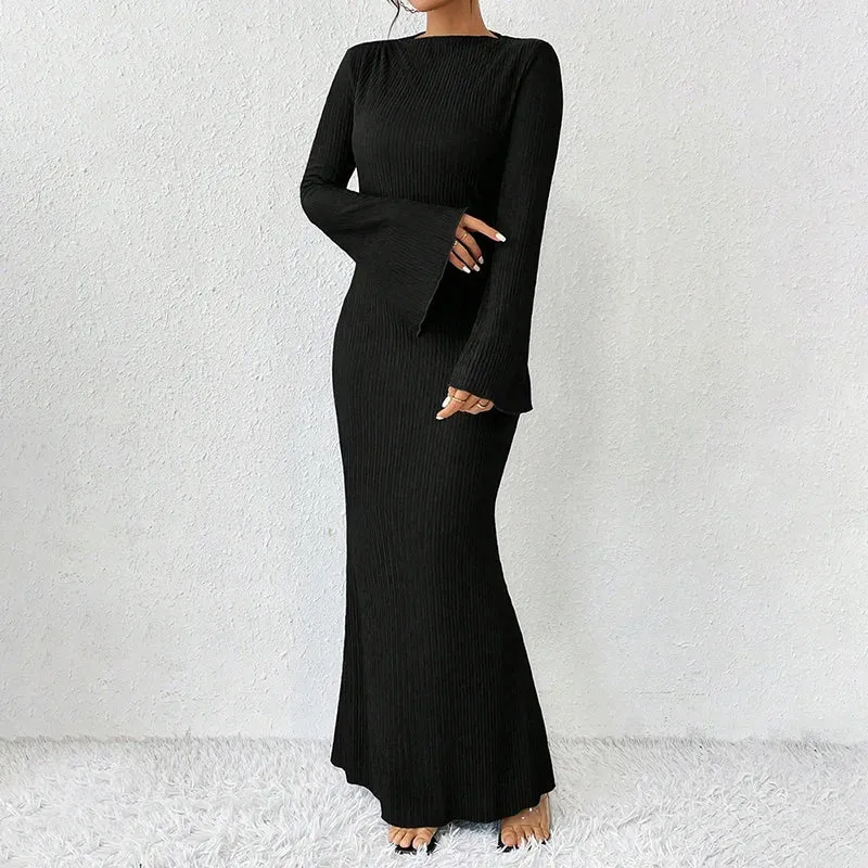 LVSANW CUTENOVA Women Elegant Solid Flare Sleeves Mermaid Long Dresses Low Waist Hipster Occasion Trumpet Dress Casual Spring Outwear