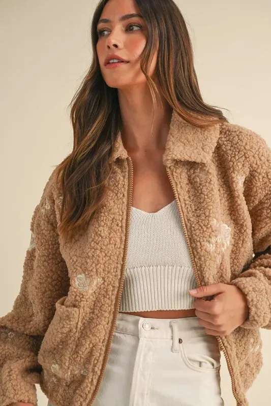 Melanie Floral Embroidered Fleece Teddy Jacket