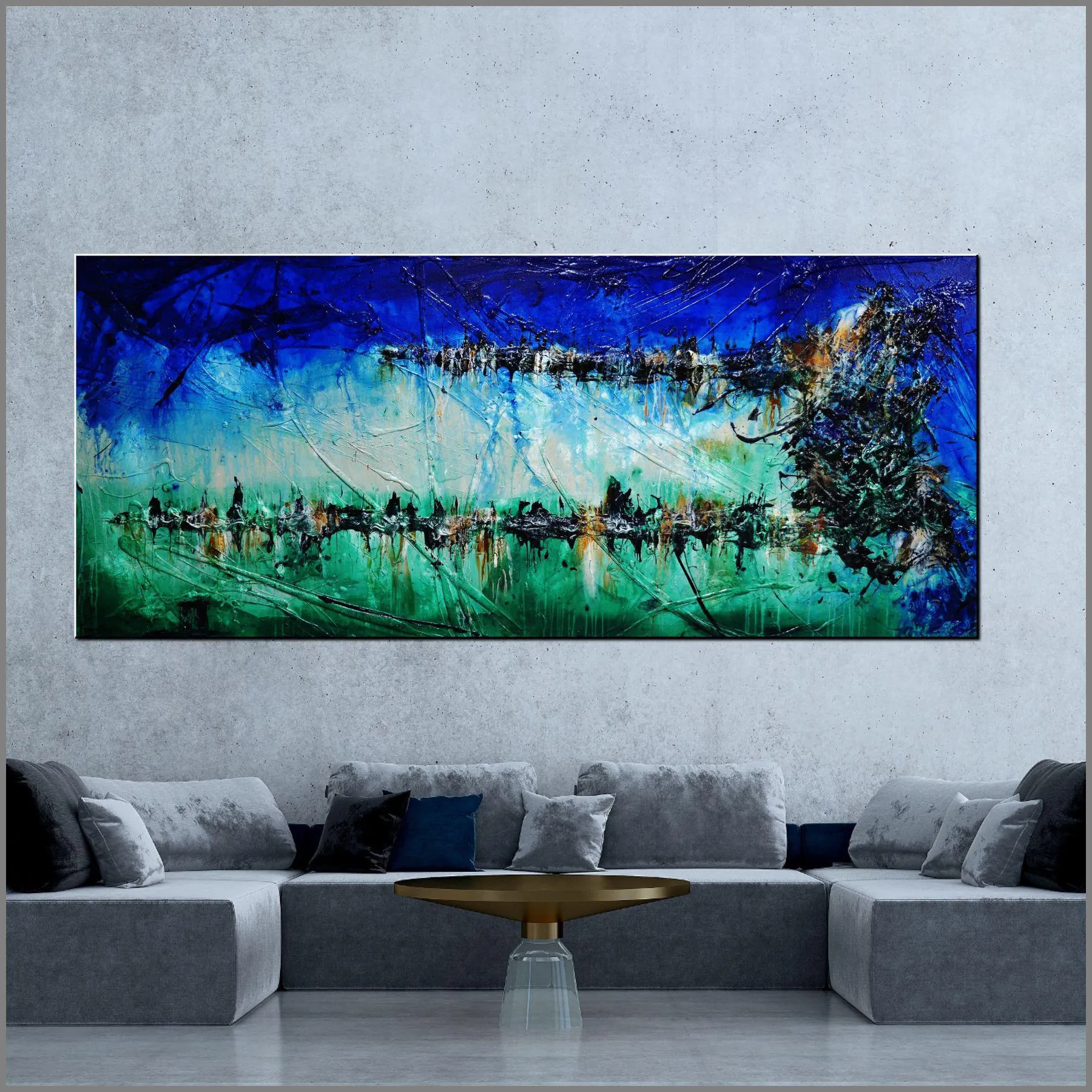 Nature 240cm x 100cm Blue Green Textured Abstract Painting (SOLD)