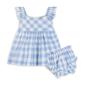 Organic Cotton Audrey Arctic Blue Gingham Baby Dress   Bloomer