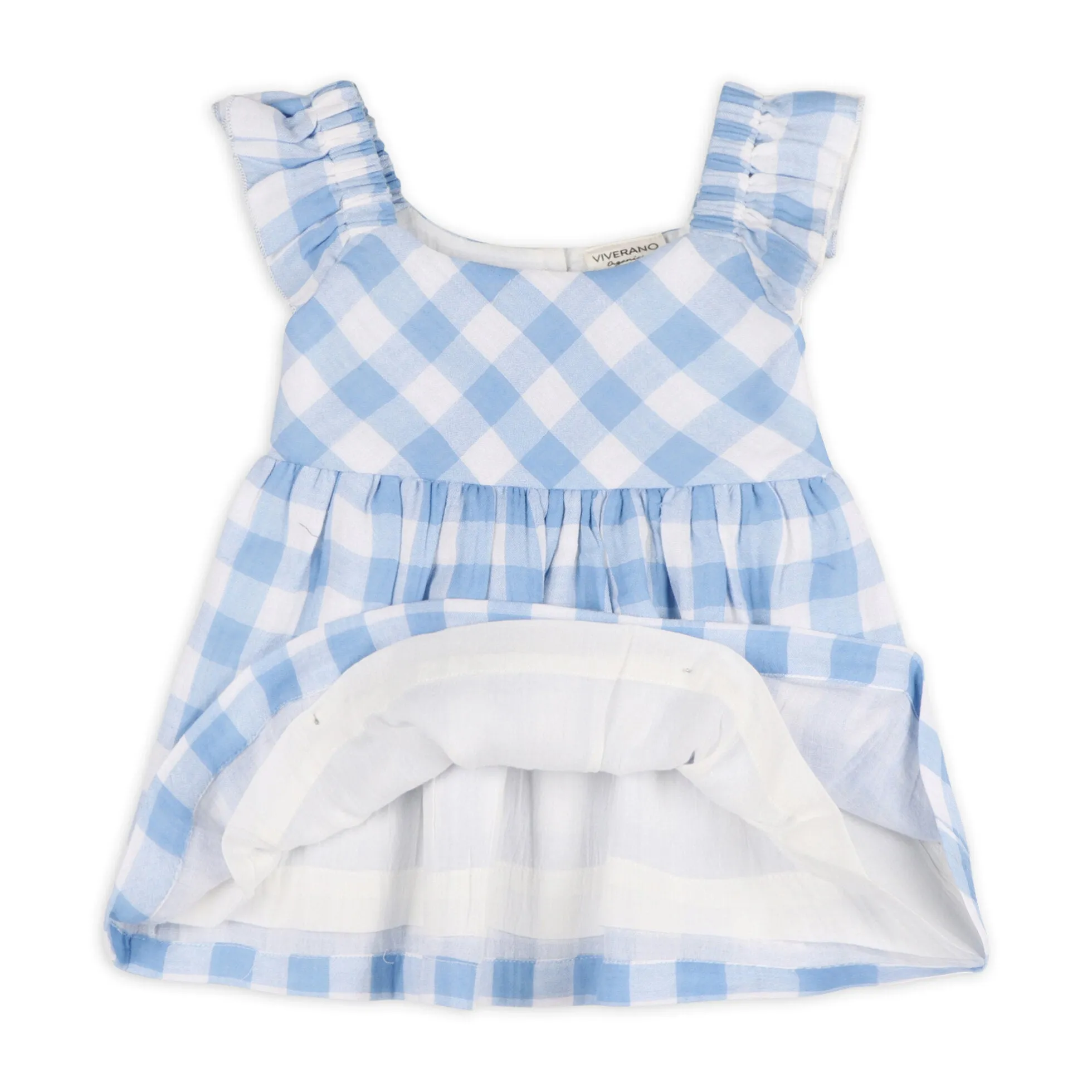 Organic Cotton Audrey Arctic Blue Gingham Baby Dress   Bloomer