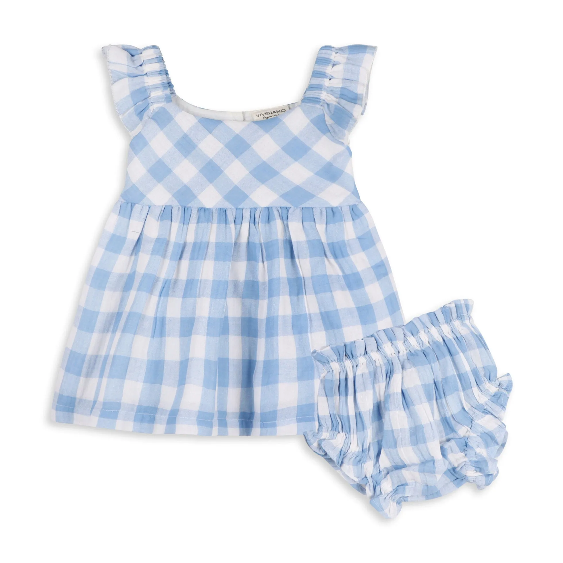 Organic Cotton Audrey Arctic Blue Gingham Baby Dress   Bloomer