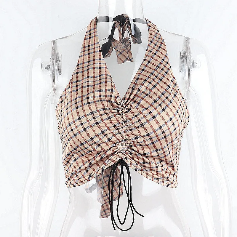 Plaid Backless Lace-Up Slim Halter Tank Top