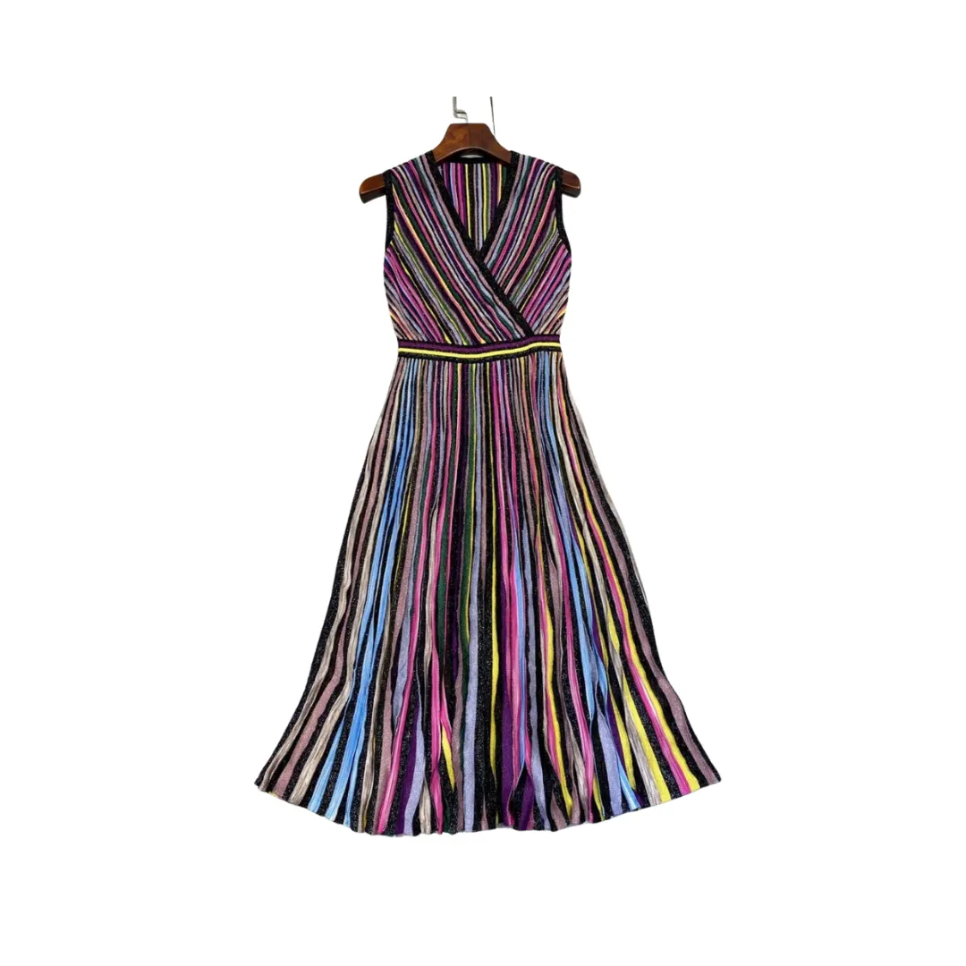 Pre Order:  Knitted Colorful Striped Pleated Mid Dress