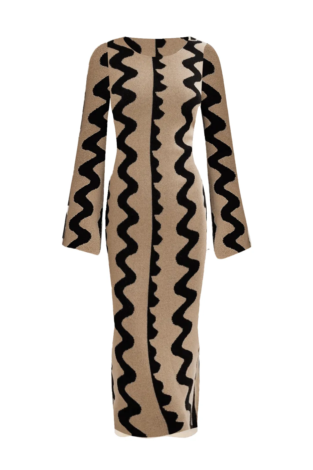 Pre Order:  Knitted Wave Print Beige Dress
