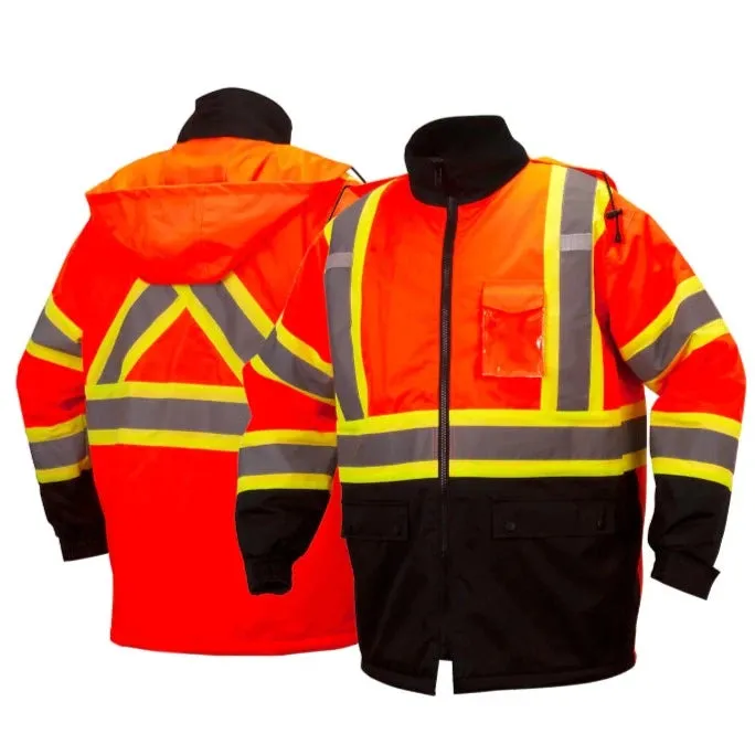 Pyramex® Hi Vis Waterproof Parka - Quilted Lining Black Bottom Safety Jacket - X-Back - ANSI Class 3 - RCP32
