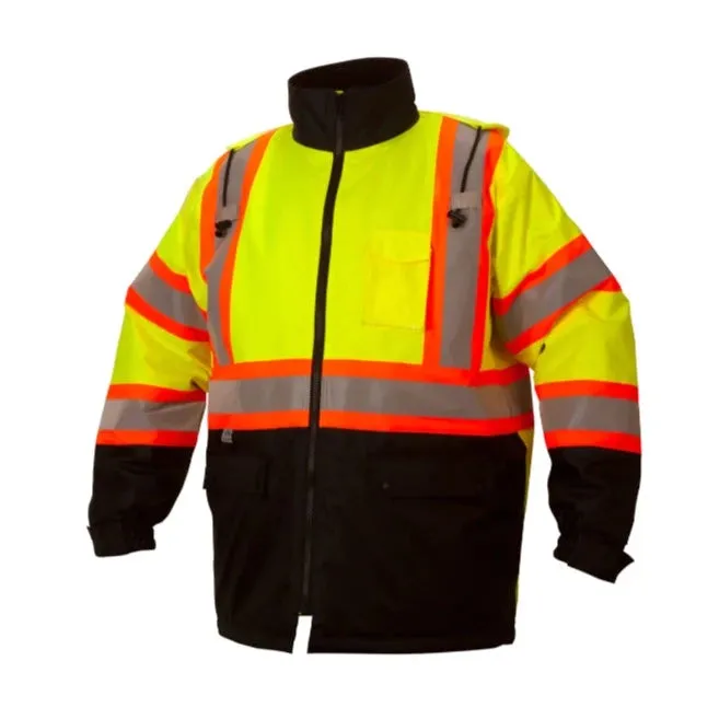 Pyramex® Hi Vis Waterproof Parka - Quilted Lining Black Bottom Safety Jacket - X-Back - ANSI Class 3 - RCP32