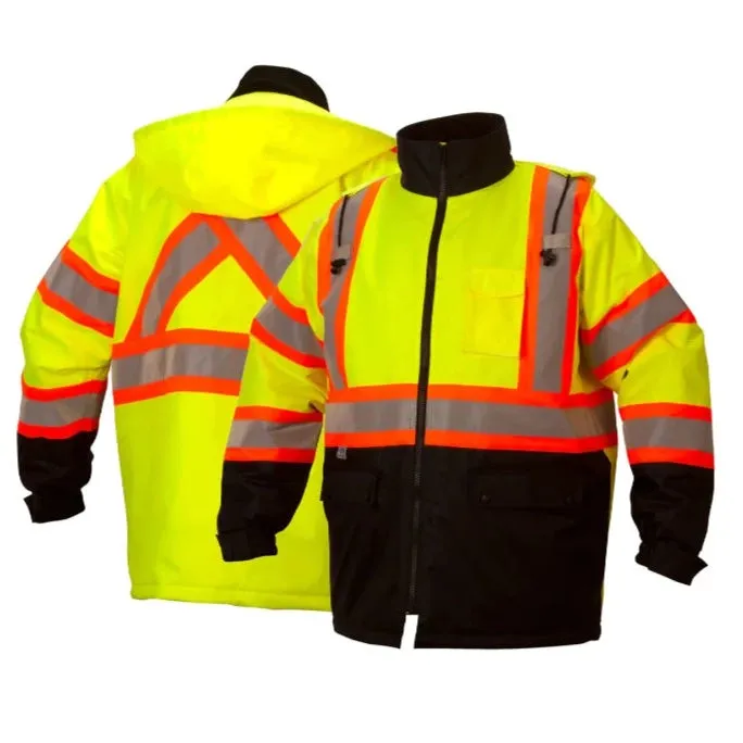 Pyramex® Hi Vis Waterproof Parka - Quilted Lining Black Bottom Safety Jacket - X-Back - ANSI Class 3 - RCP32