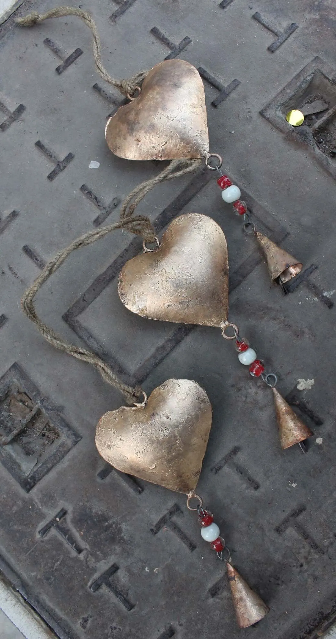 Recycled Iron Heart Love Hanging Chime Galvanized Metal Heart Wall Décor for Rustic Farmhouse and Patio Decor