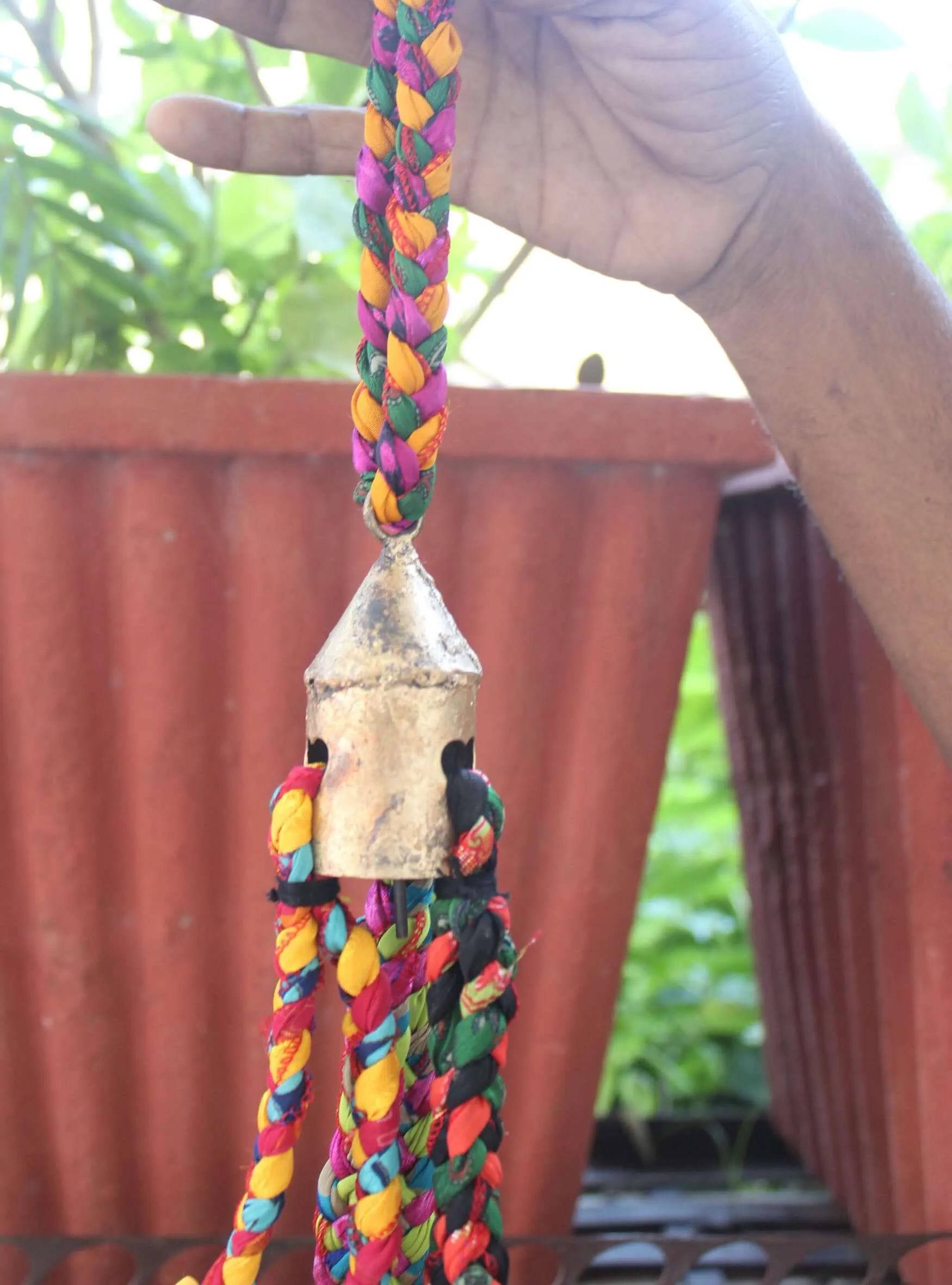 Recycled Silk Sari with Bells Hanging Windchime for Patio Outdoor and Party Decoration