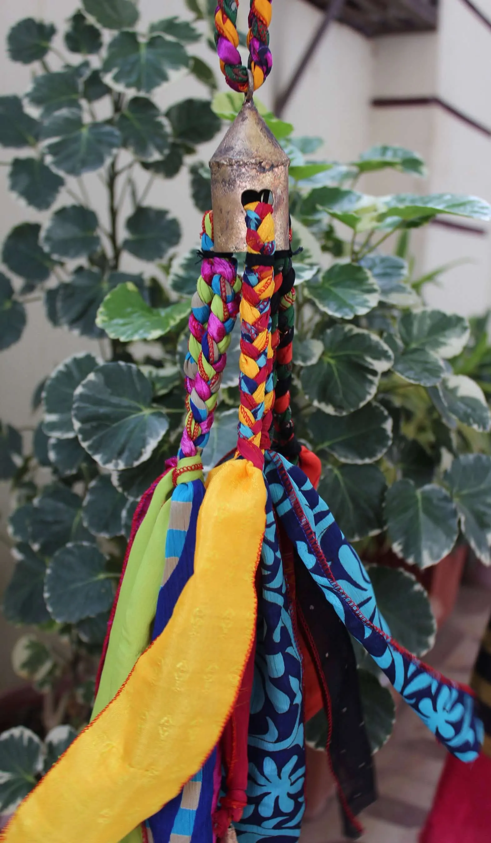 Recycled Silk Sari with Bells Hanging Windchime for Patio Outdoor and Party Decoration