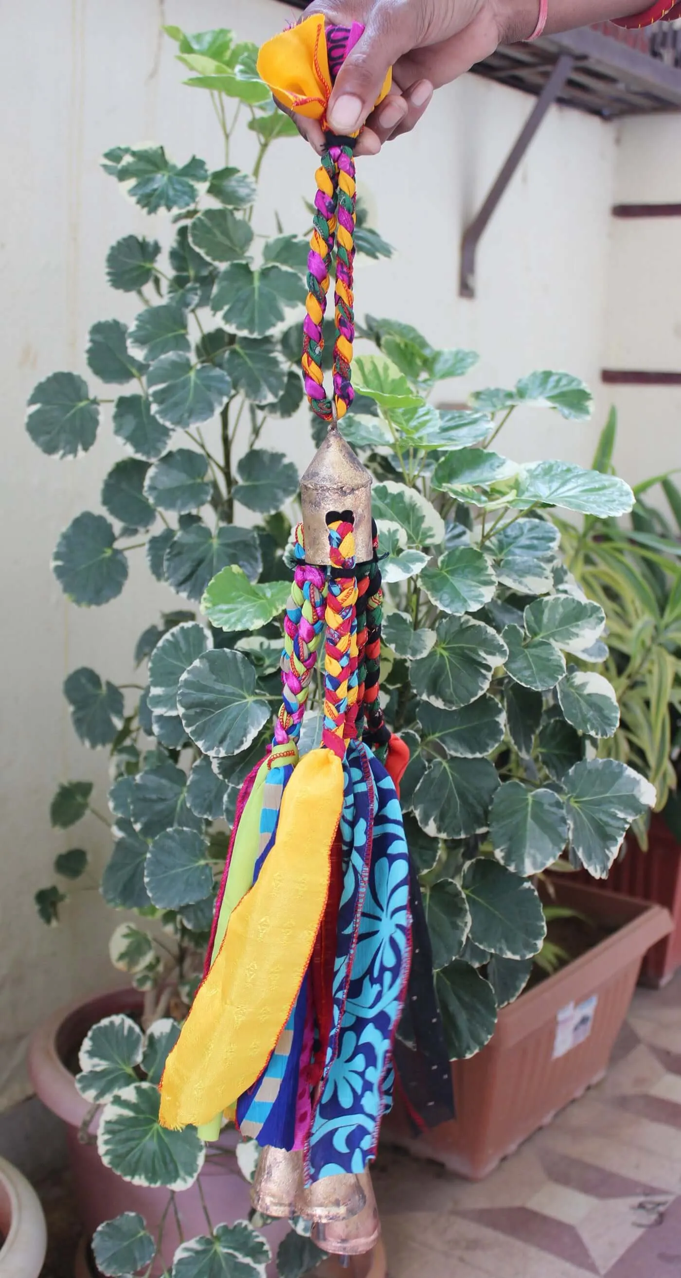 Recycled Silk Sari with Bells Hanging Windchime for Patio Outdoor and Party Decoration