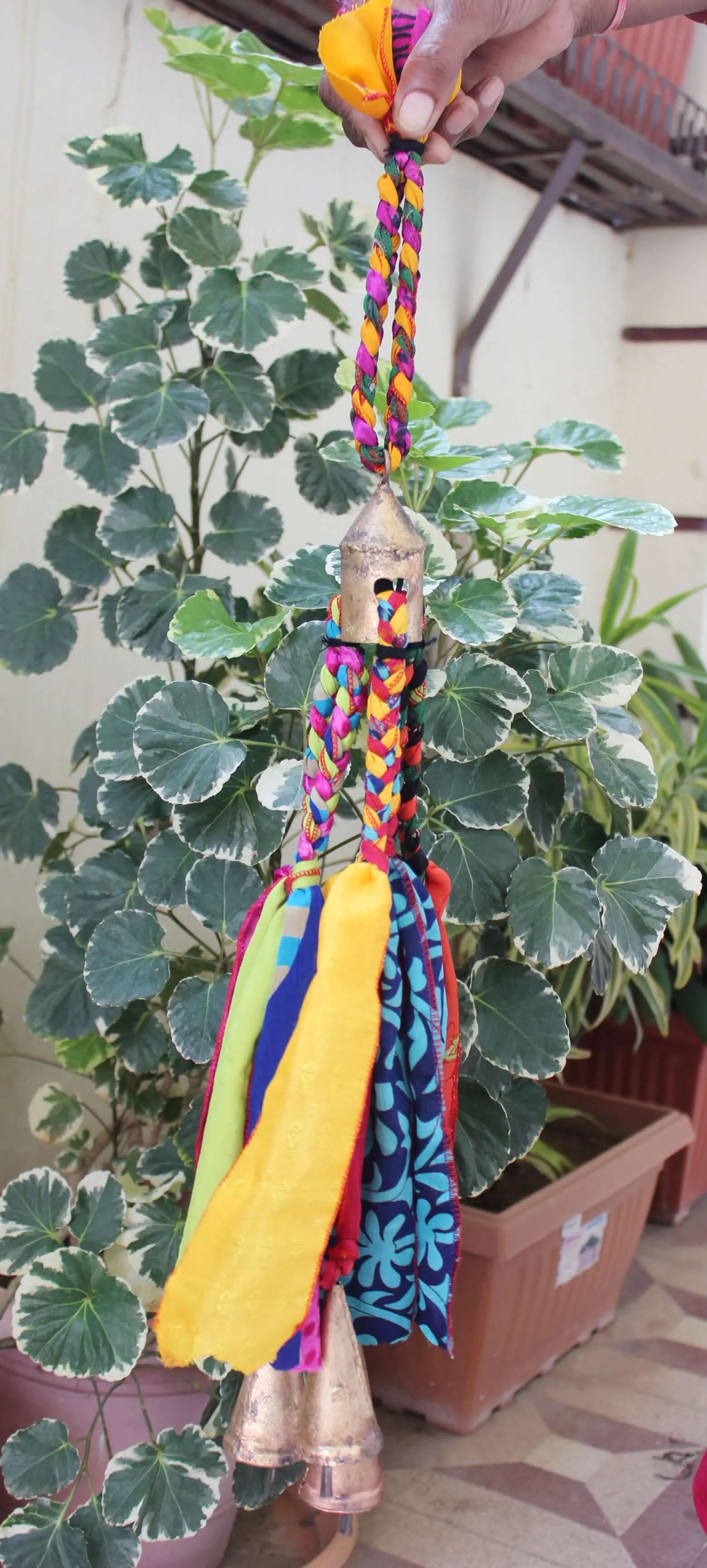 Recycled Silk Sari with Bells Hanging Windchime for Patio Outdoor and Party Decoration