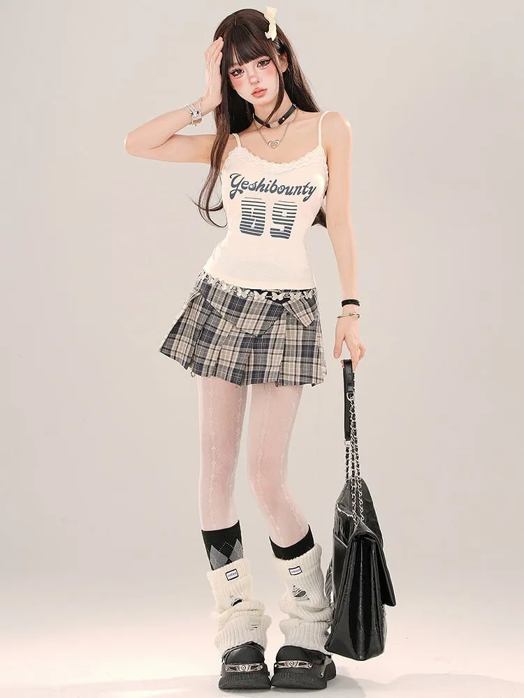 Red/Blue Buckle Pleated Plaid Skirt Mini Waist High Straps