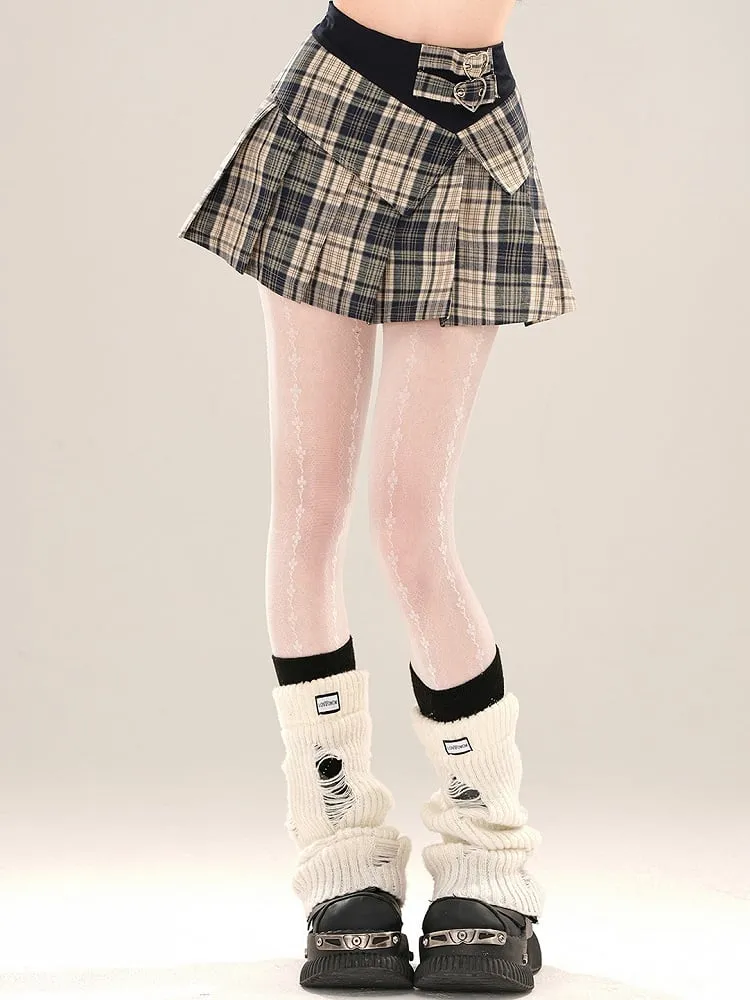 Red/Blue Buckle Pleated Plaid Skirt Mini Waist High Straps