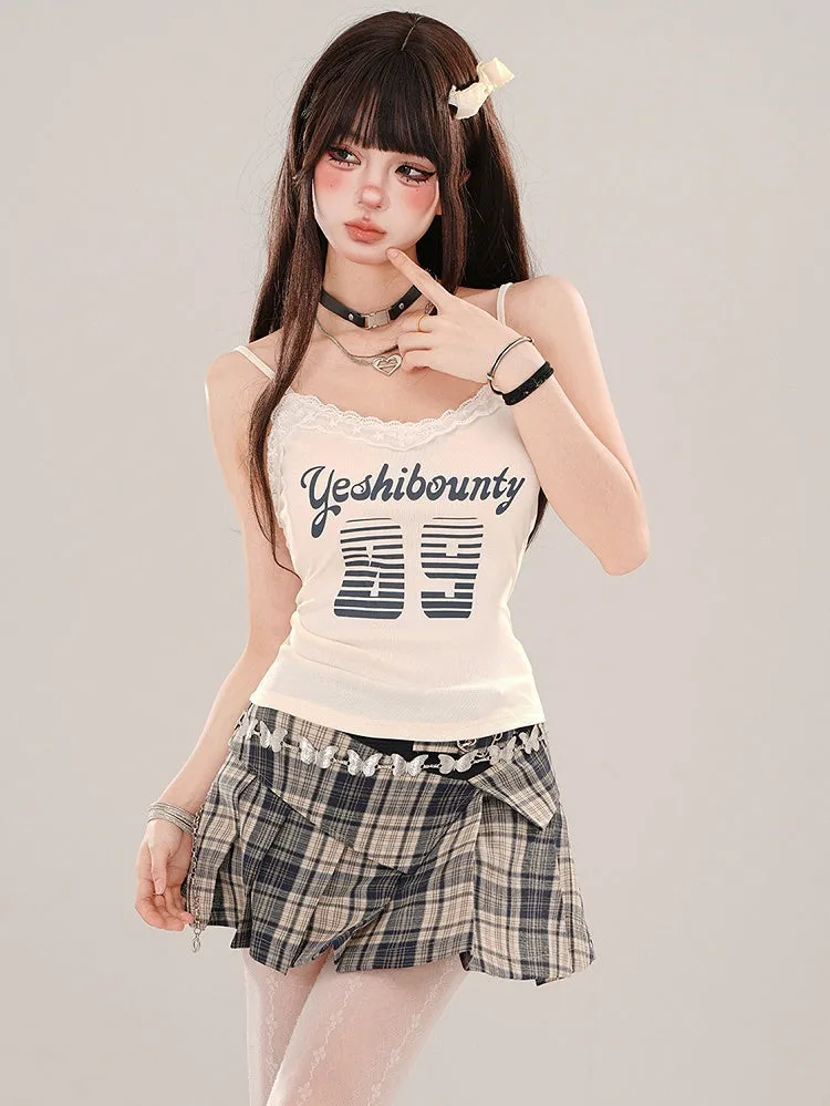 Red/Blue Buckle Pleated Plaid Skirt Mini Waist High Straps