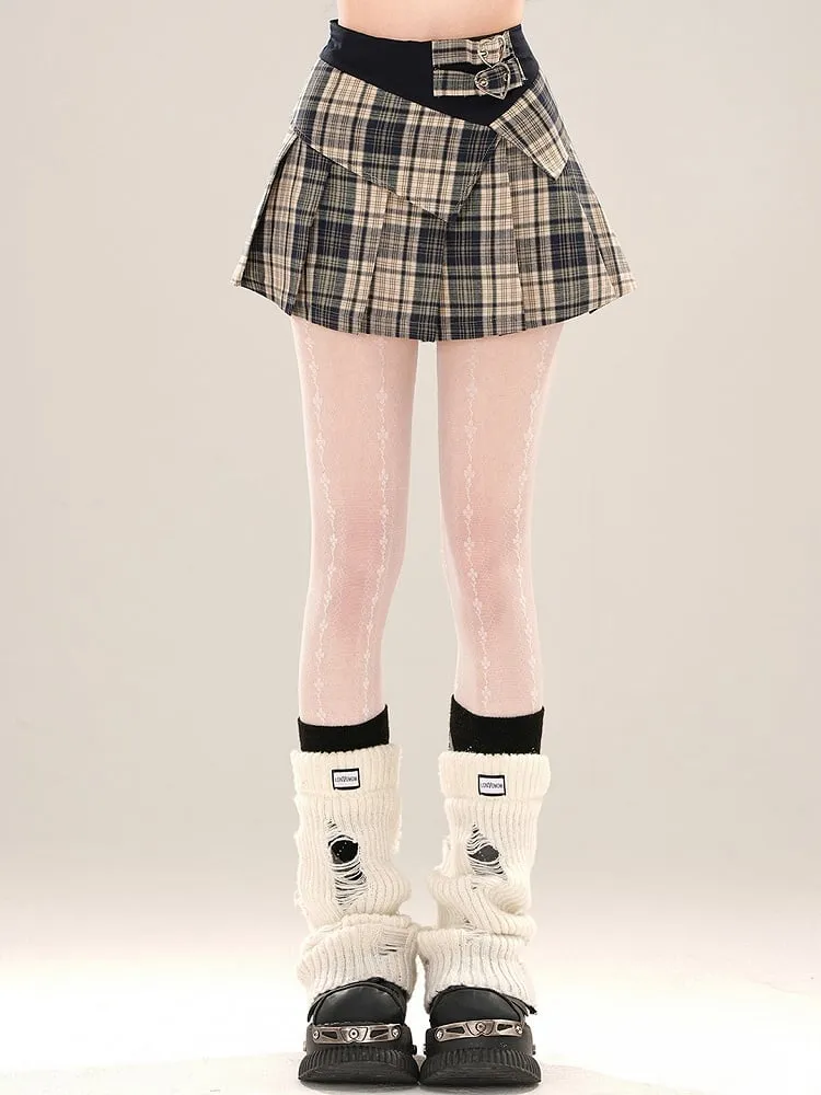 Red/Blue Buckle Straps High Waist Plaid Pleated Mini Skirt