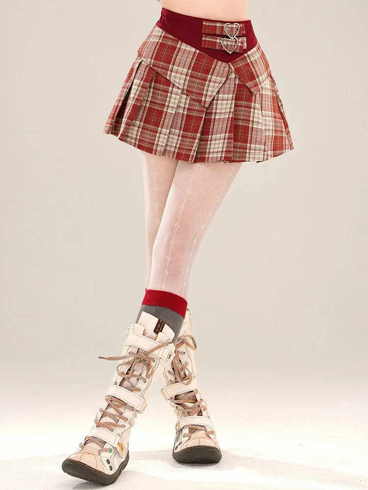 Red/Blue Buckle Straps High Waist Plaid Pleated Mini Skirt
