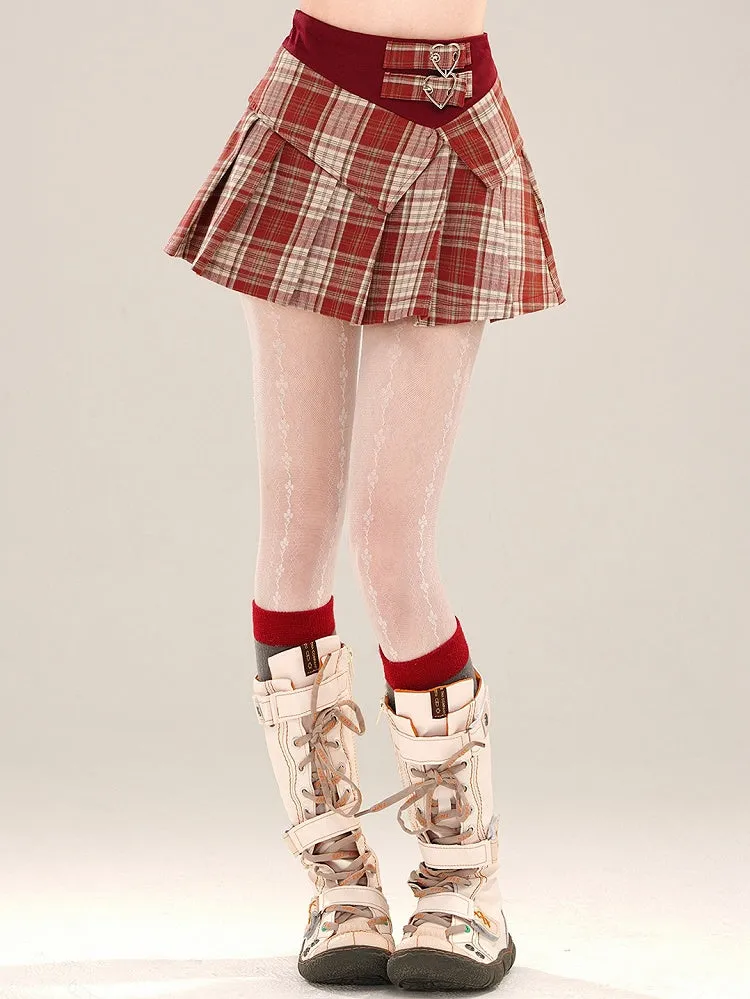 Red/Blue Buckle Straps High Waist Plaid Pleated Mini Skirt