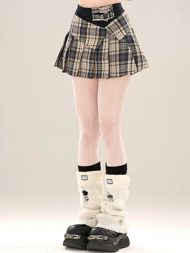 Red/Blue Buckle Straps High Waist Plaid Pleated Mini Skirt