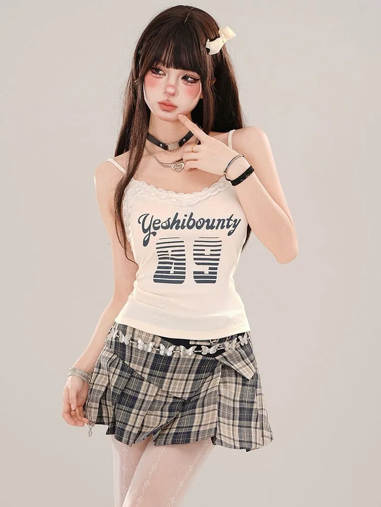Red/Blue Buckle Straps High Waist Plaid Pleated Mini Skirt
