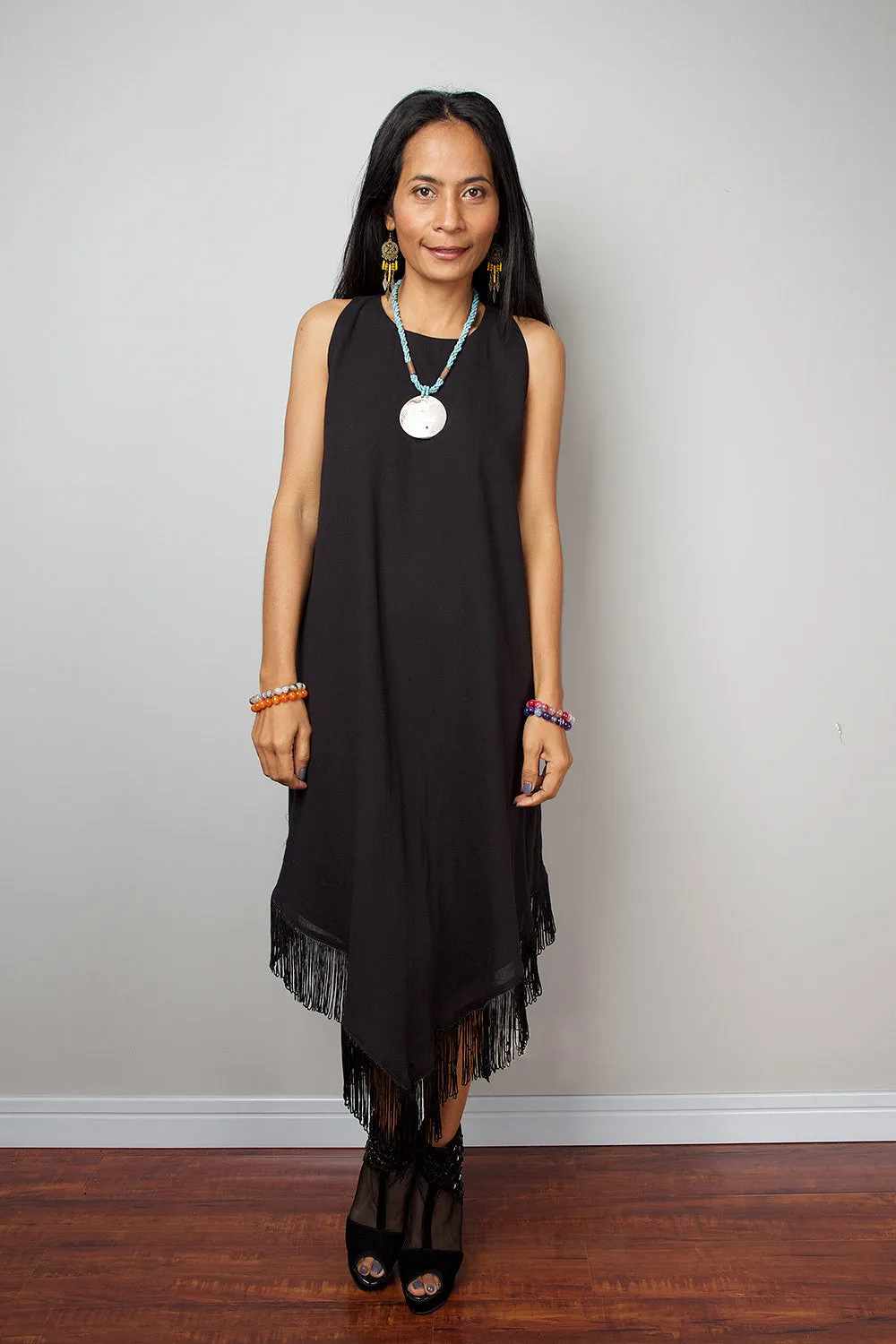 Sleeveless Black Fringe Dress