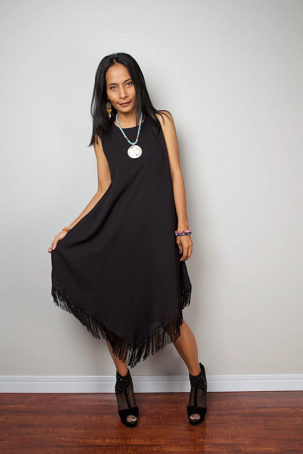 Sleeveless Black Fringe Dress