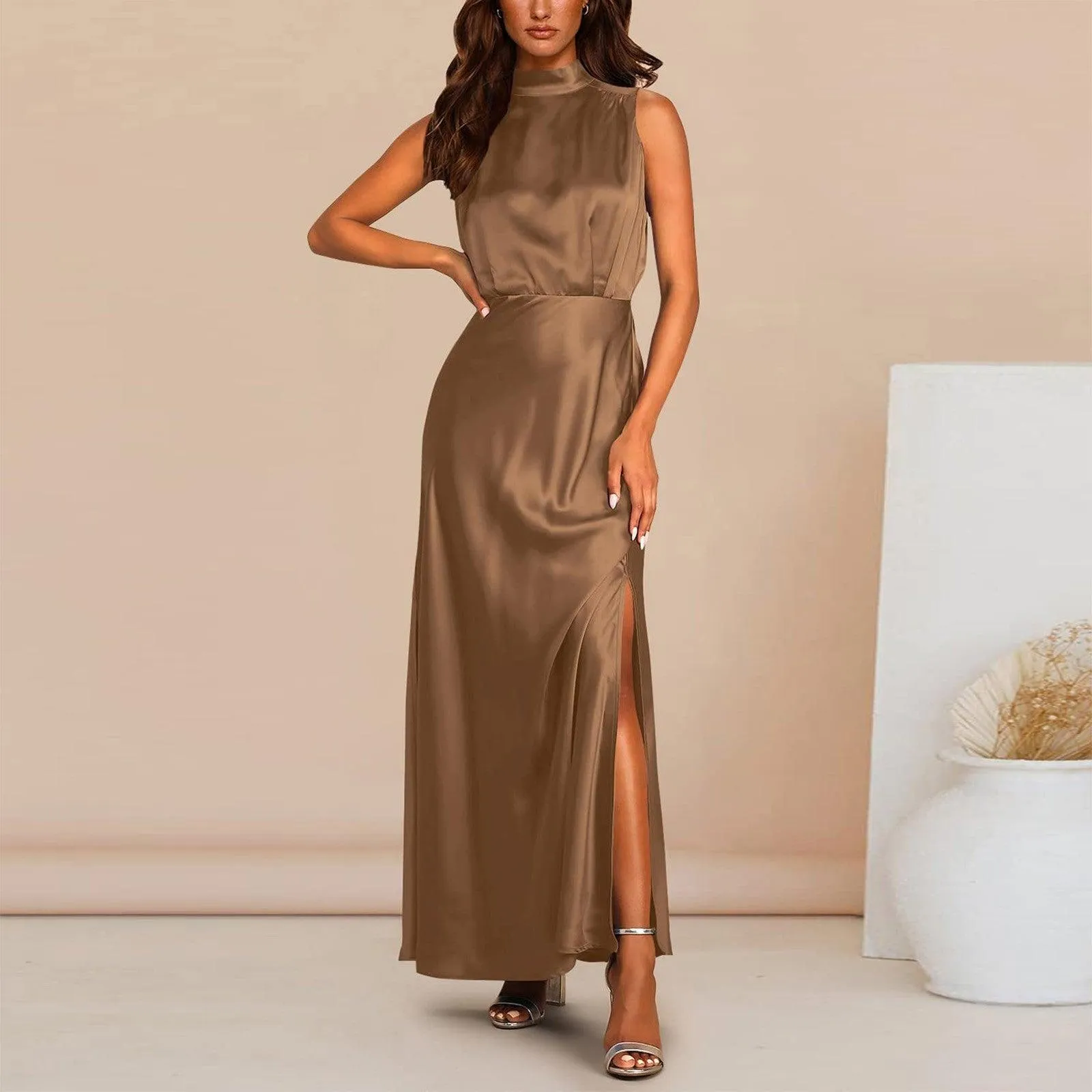 Summer Elegant Women Summer Long Formal Satin Dresses Mock Neck Sleeveless Side Slit Flowy Maxi Tank Dresses Woman Party Night