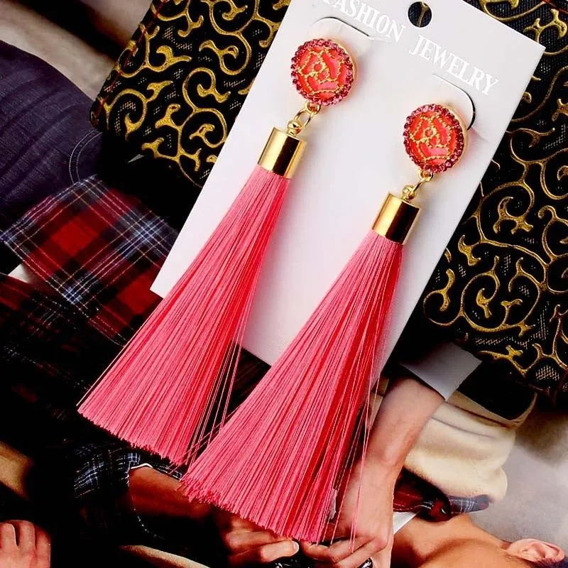 Tassel Earrings Boho Bohemian Long Exaggerated Rose Flower Dangling Earrings for Women Orecchini Lunghi Oorbellen Lang Kolczyki