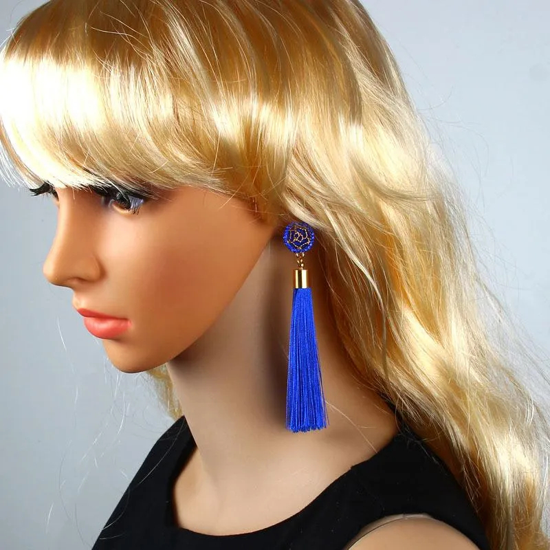 Tassel Earrings Boho Bohemian Long Exaggerated Rose Flower Dangling Earrings for Women Orecchini Lunghi Oorbellen Lang Kolczyki