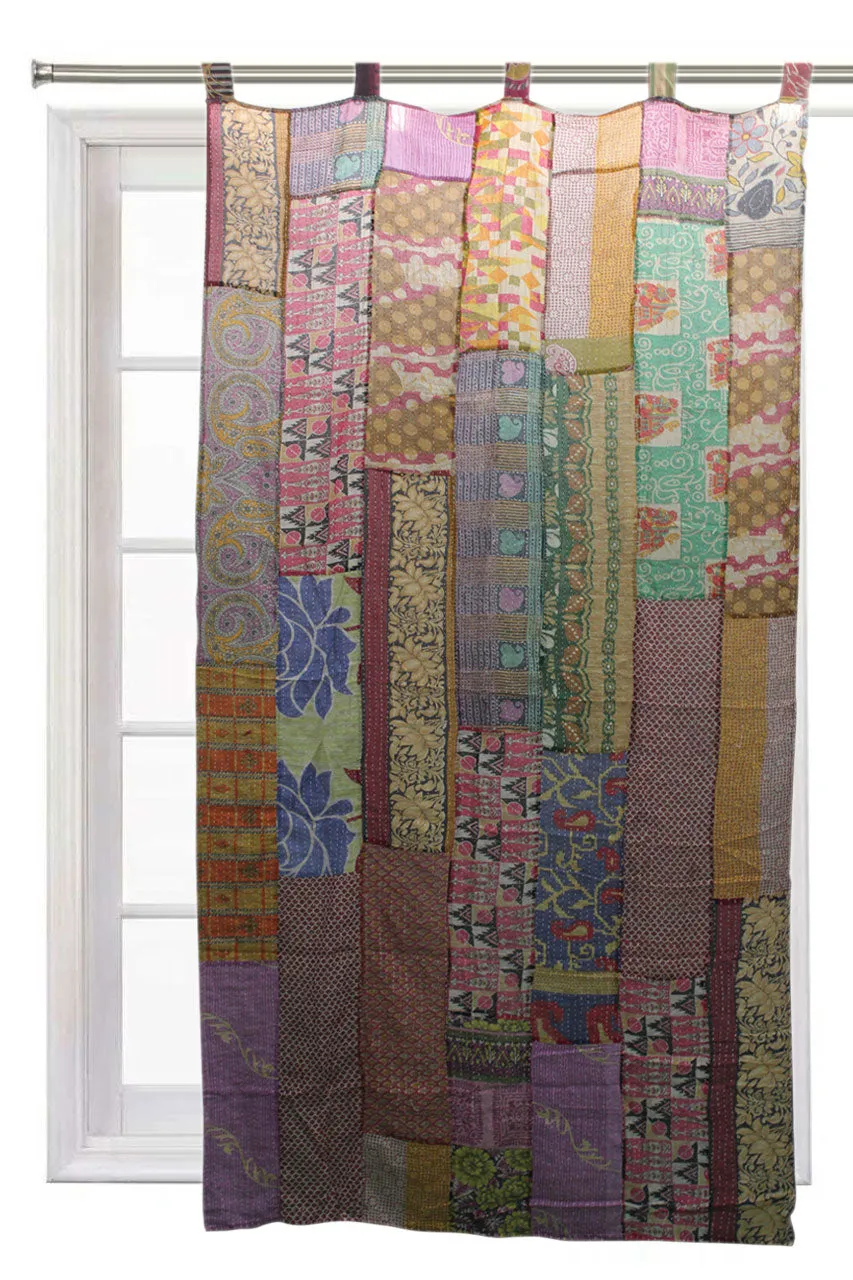 Upcycled Indian Vintage Sari Curtain Kantha Embroidered Patchwork 100%Cotton Boho Theme Window Door Drapes