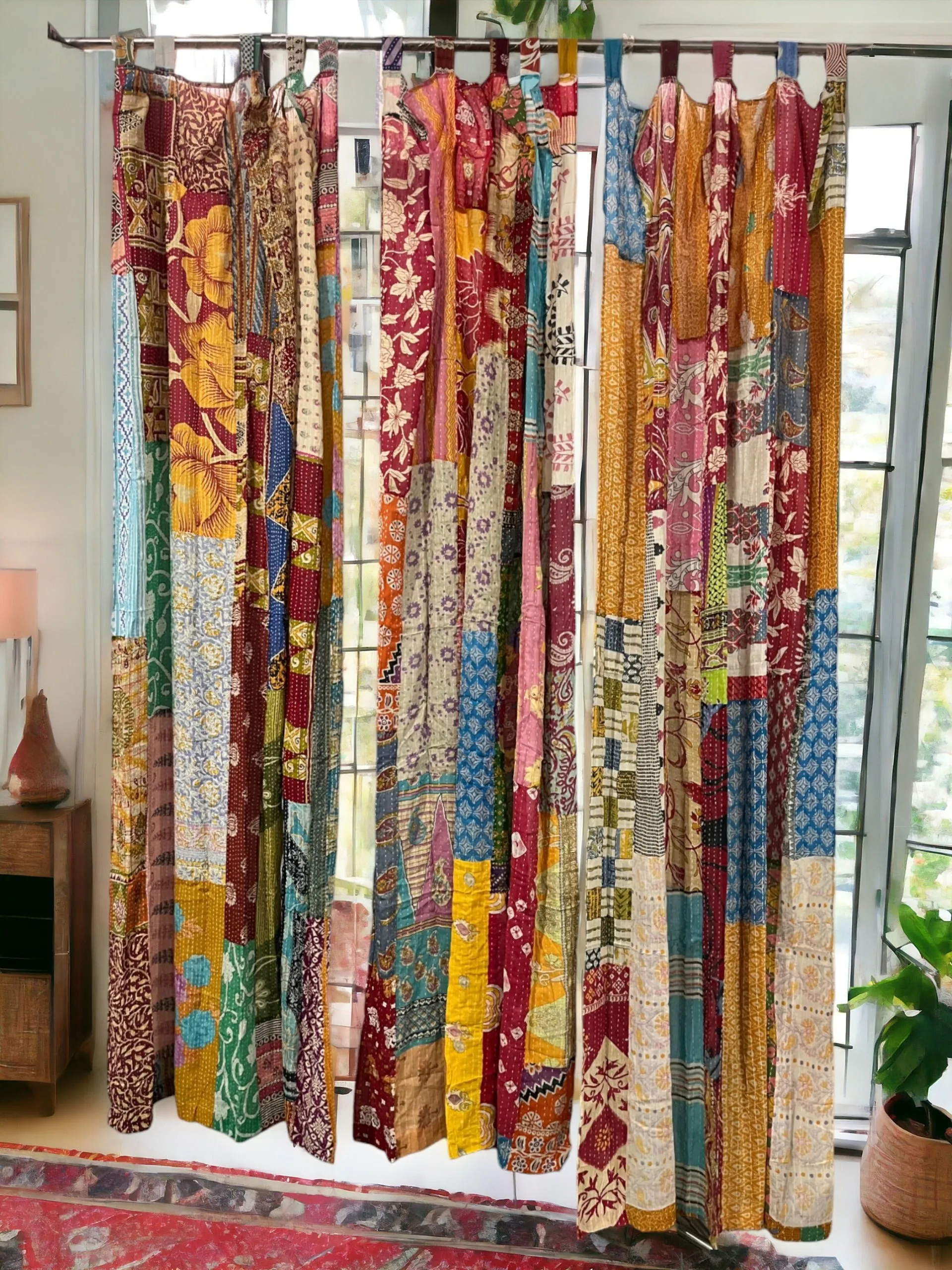 Upcycled Indian Vintage Sari Curtain Kantha Embroidered Patchwork 100%Cotton Boho Theme Window Door Drapes