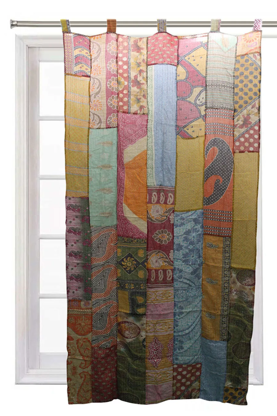 Upcycled Indian Vintage Sari Curtain Kantha Embroidered Patchwork 100%Cotton Boho Theme Window Door Drapes