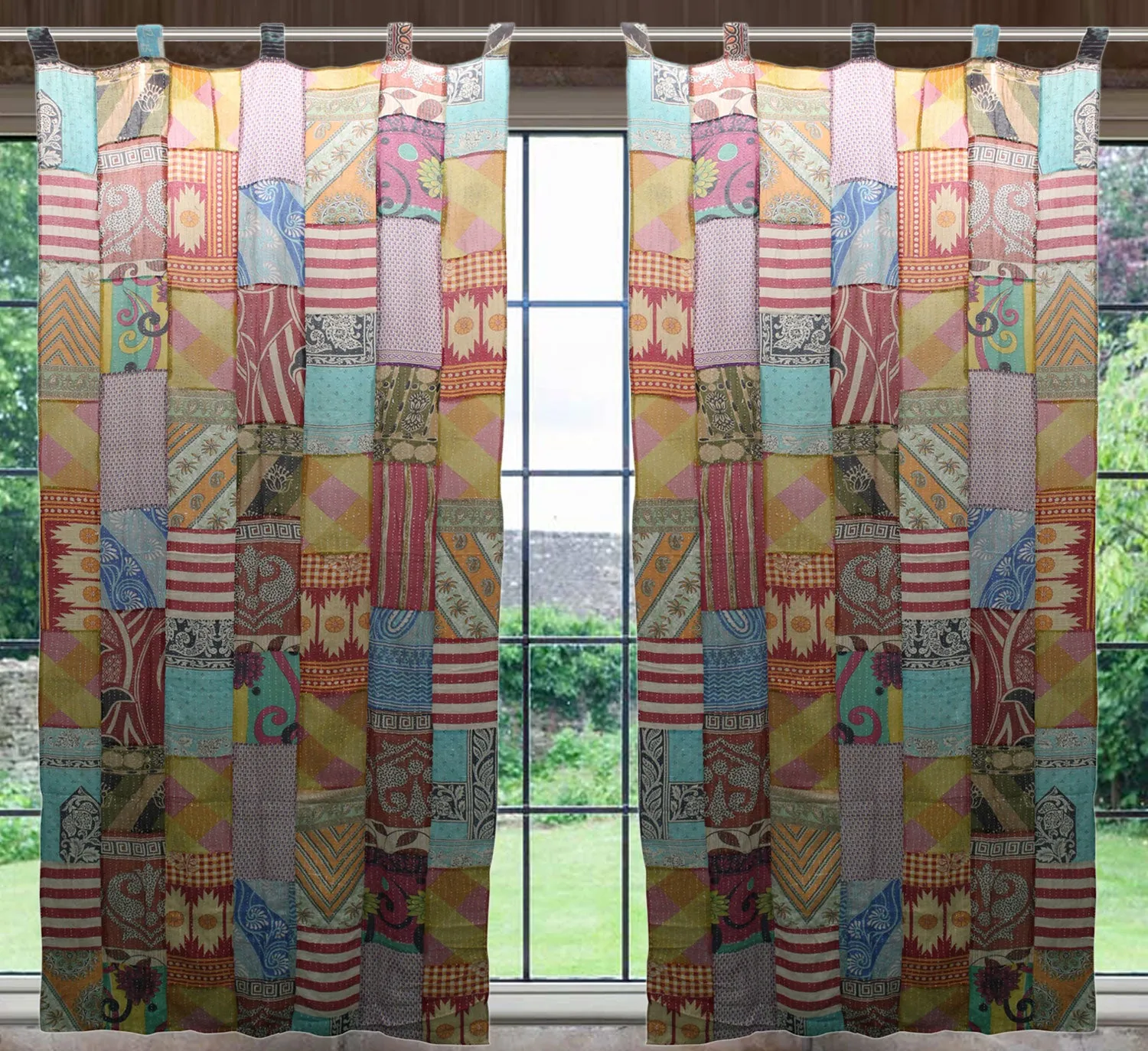 Upcycled Indian Vintage Sari Curtain Kantha Embroidered Patchwork 100%Cotton Boho Theme Window Door Drapes