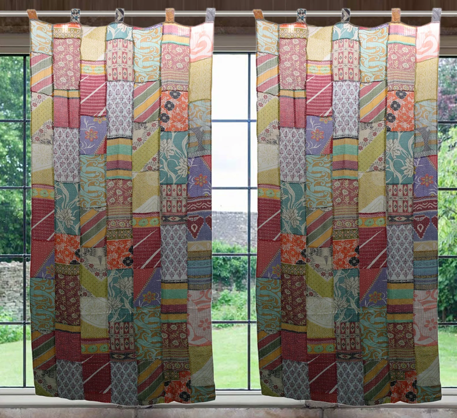 Upcycled Indian Vintage Sari Curtain Kantha Embroidered Patchwork 100%Cotton Boho Theme Window Door Drapes