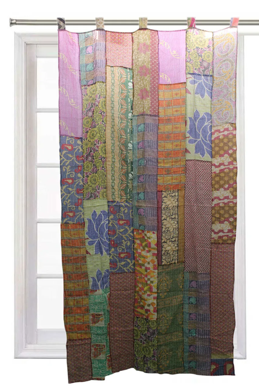 Upcycled Indian Vintage Sari Curtain Kantha Embroidered Patchwork 100%Cotton Boho Theme Window Door Drapes