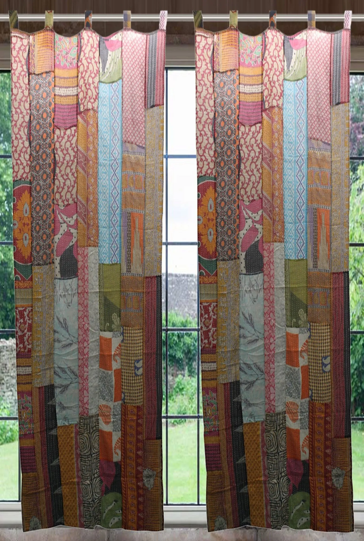 Upcycled Indian Vintage Sari Curtain Kantha Embroidered Patchwork 100%Cotton Boho Theme Window Door Drapes